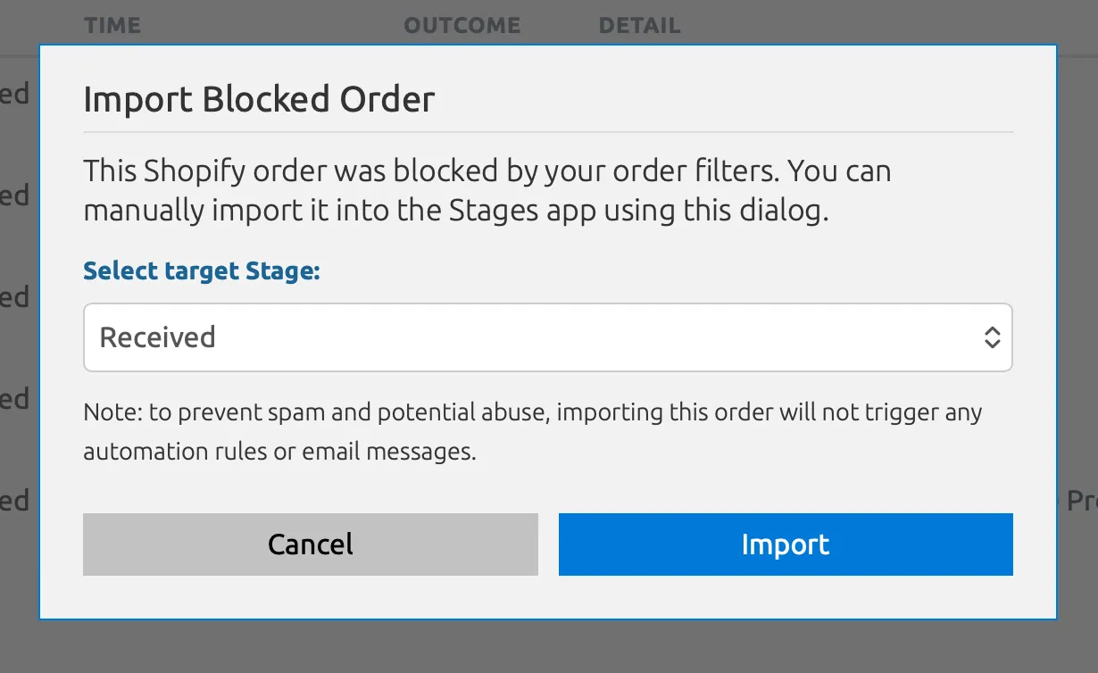 Importing an order into Stages via the Activity Logs import dialog