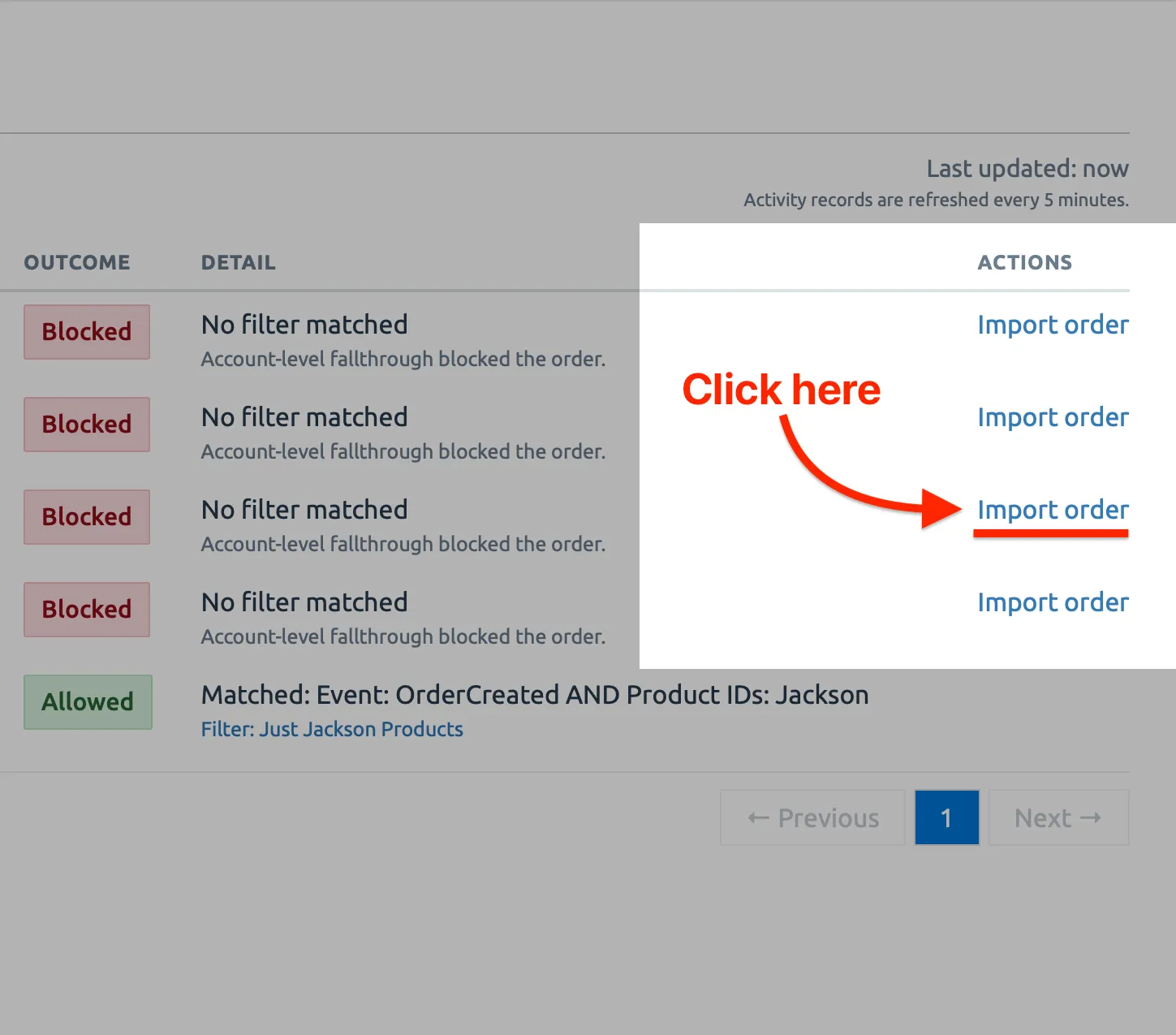 The Import link next to blocked orders on the Activity Logs page