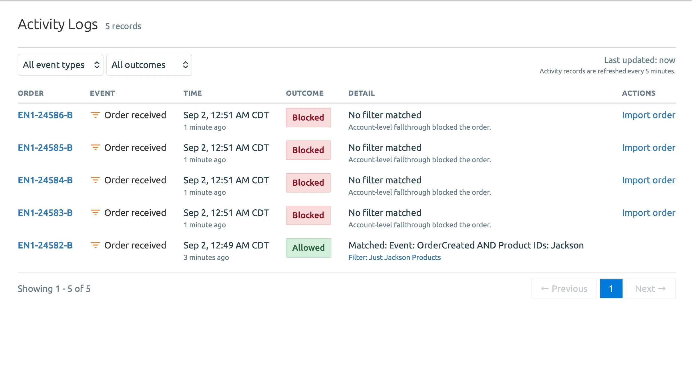 The Activity Logs page showing the evaluation results of various orders.
