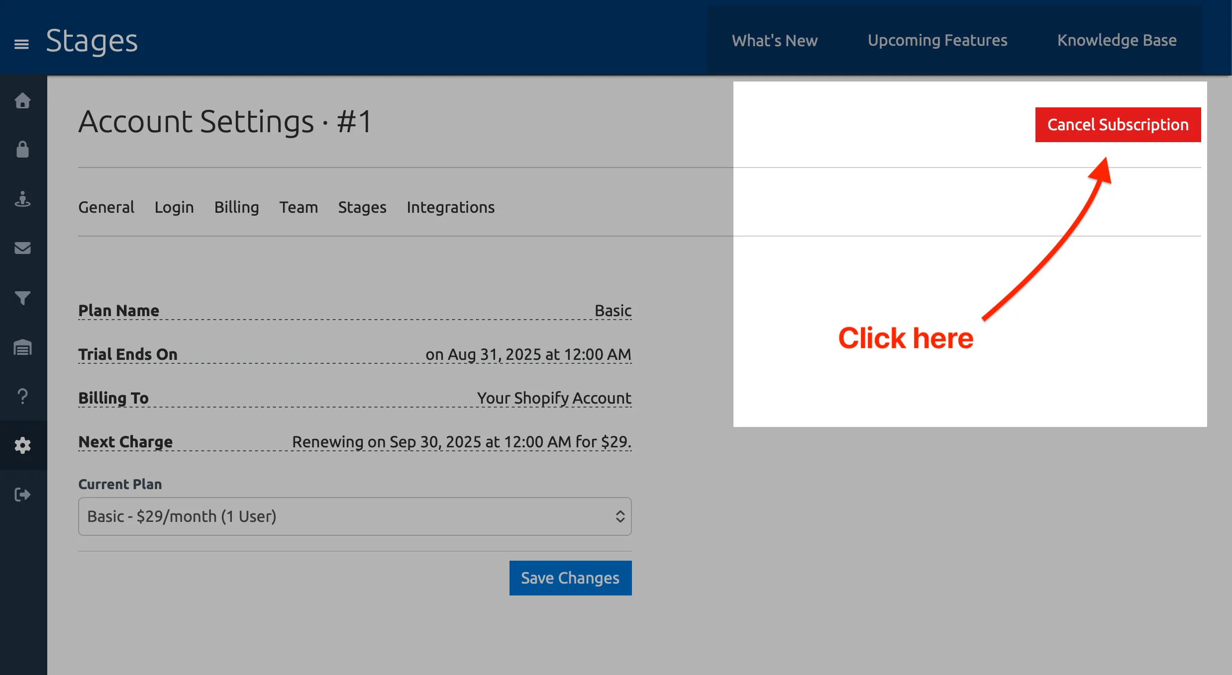 A screenshot of the Account Settings page showing the ‘Cancel Subscription’ button.