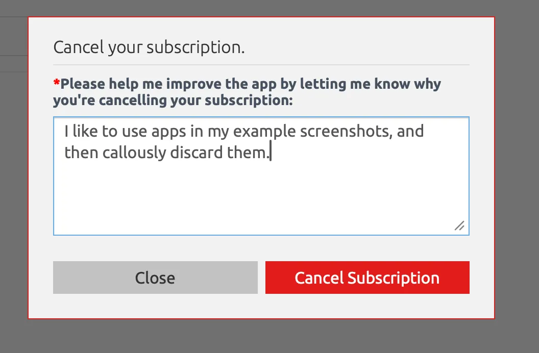 A dialog prompts the user to confirm they want to cancel their subscription, and asks them to optionally explain why they’re uninstalling it.
