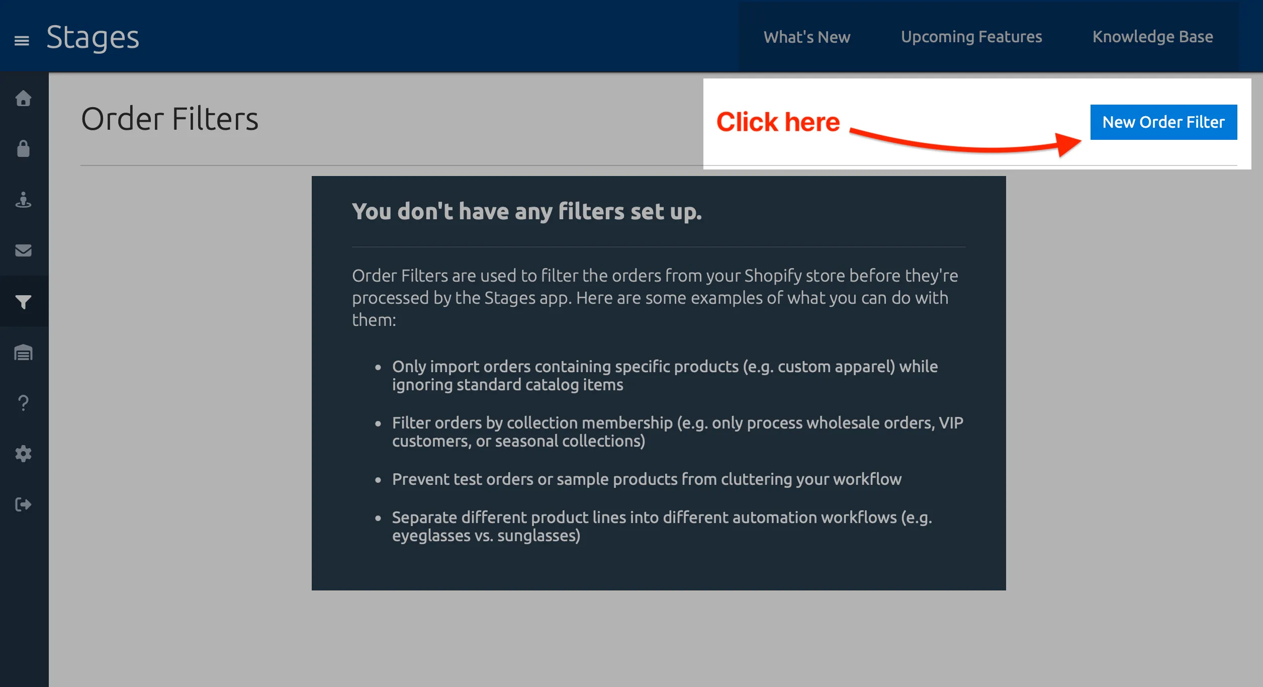 A screenshot showing the callout prompt for users who haven’t created any Order Filters