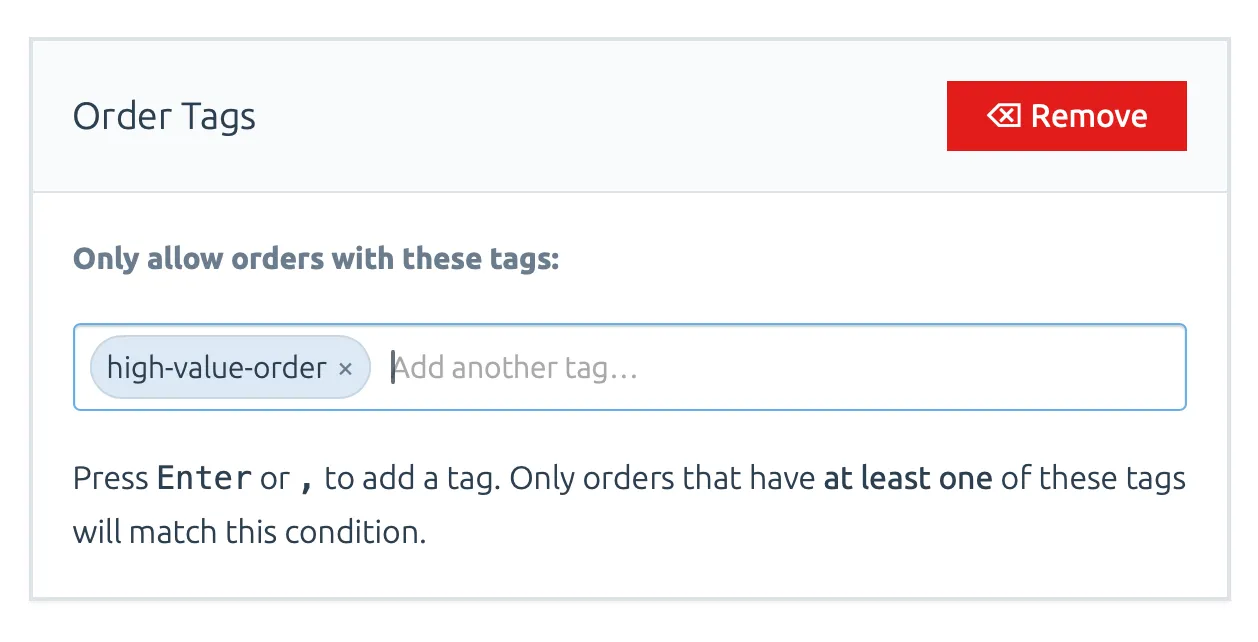 The Order Tags criteria form with a tag “locked in”