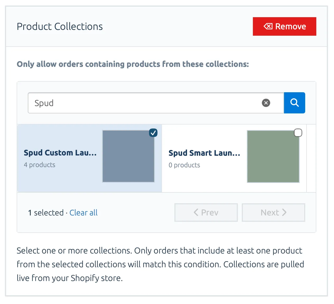 The Shopify Collections criteria form shows collections loaded in a grid
