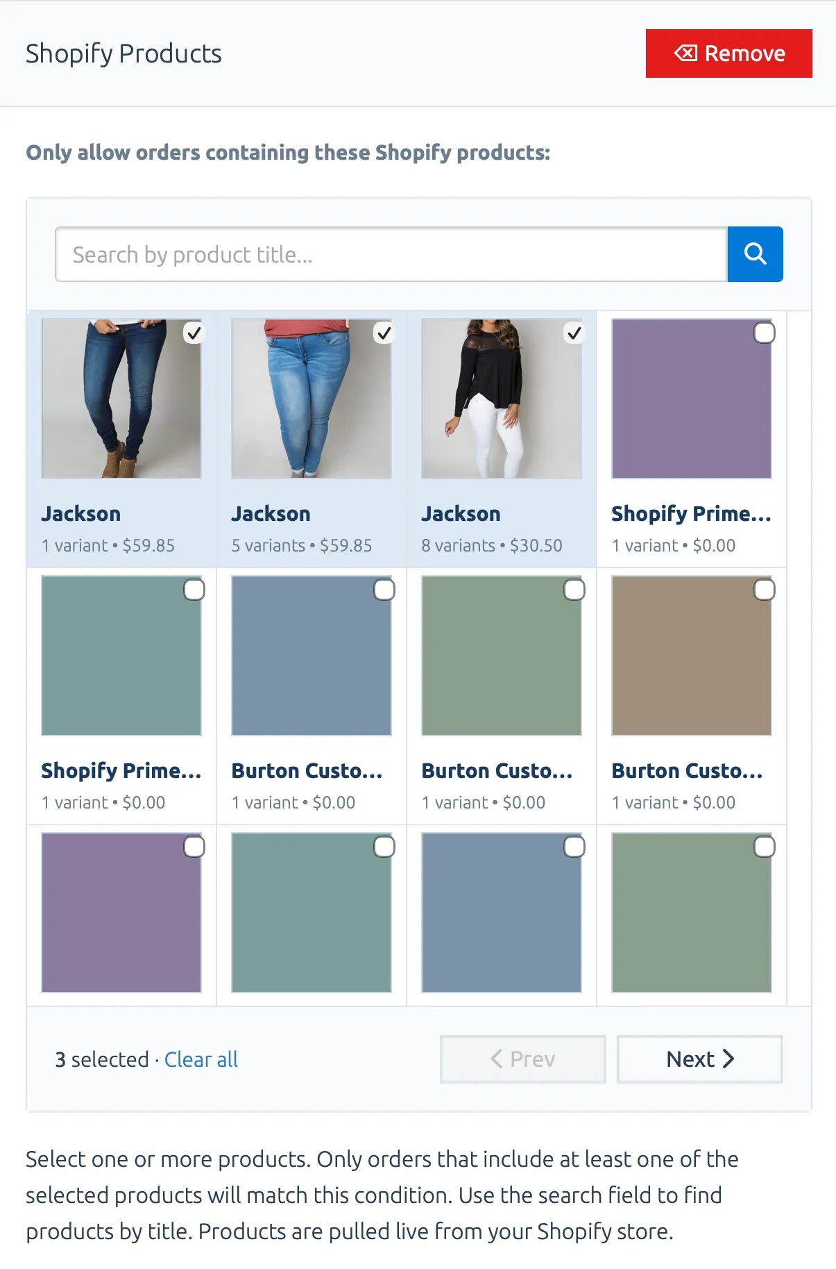The Shopify Products criteria form shows products loaded in a grid