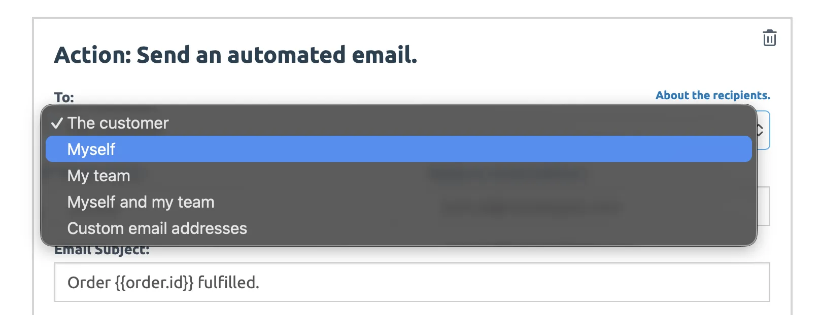 Email recipients dropdown in automation rule editor