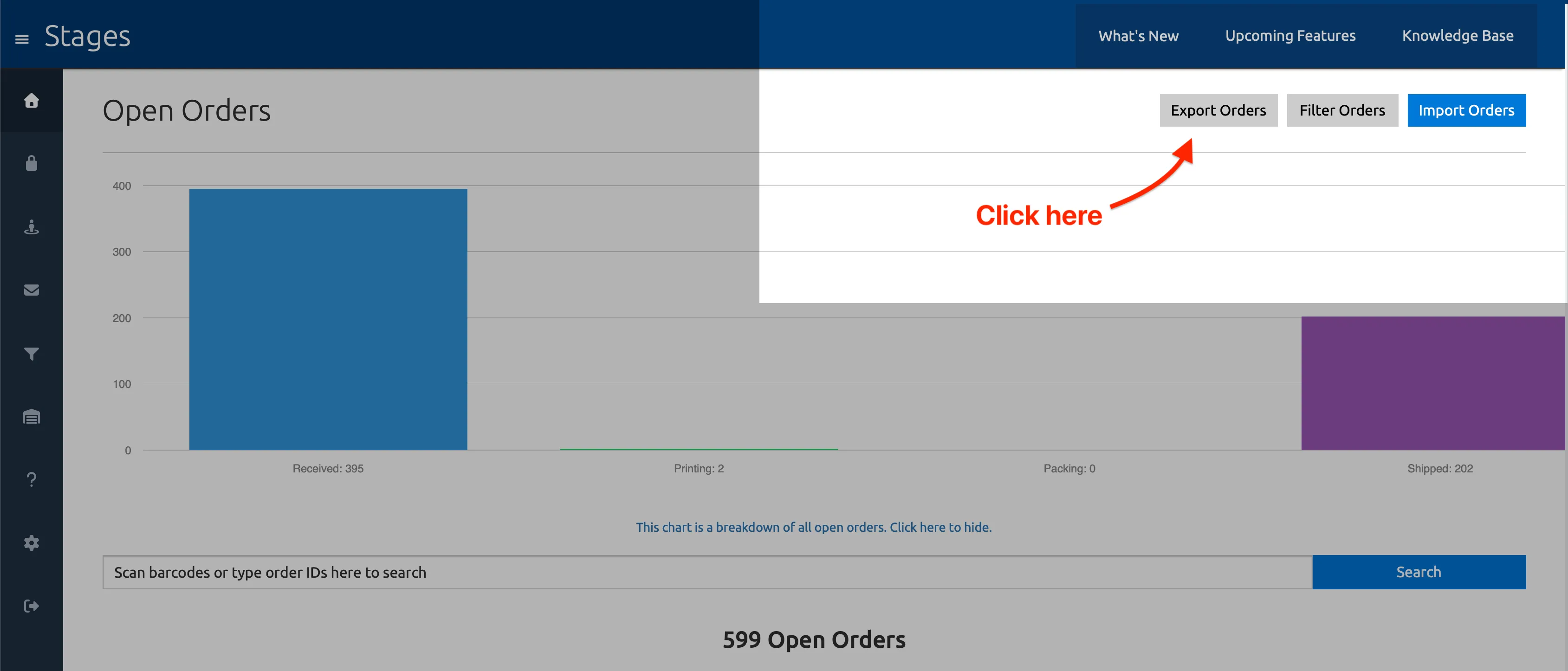 Orders dashboard with an arrow pointing to the Export Orders button