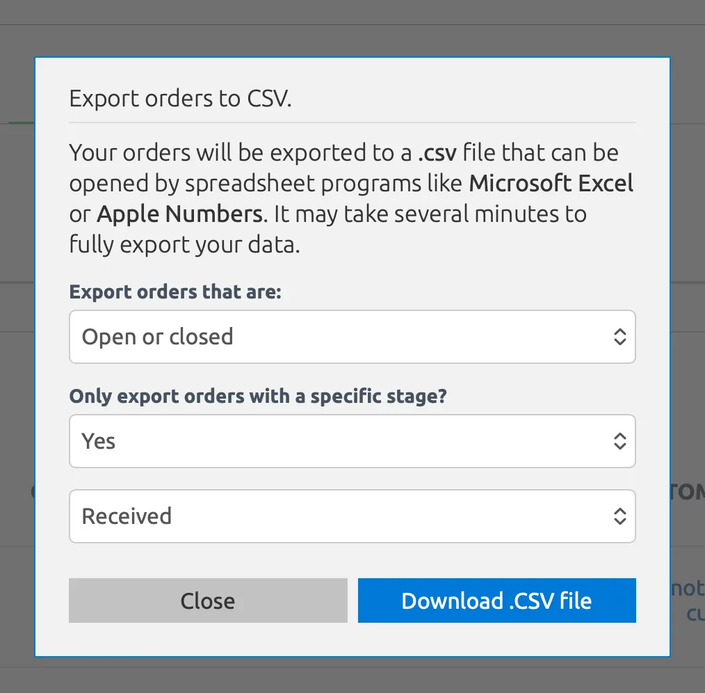Export dialog with order selection options