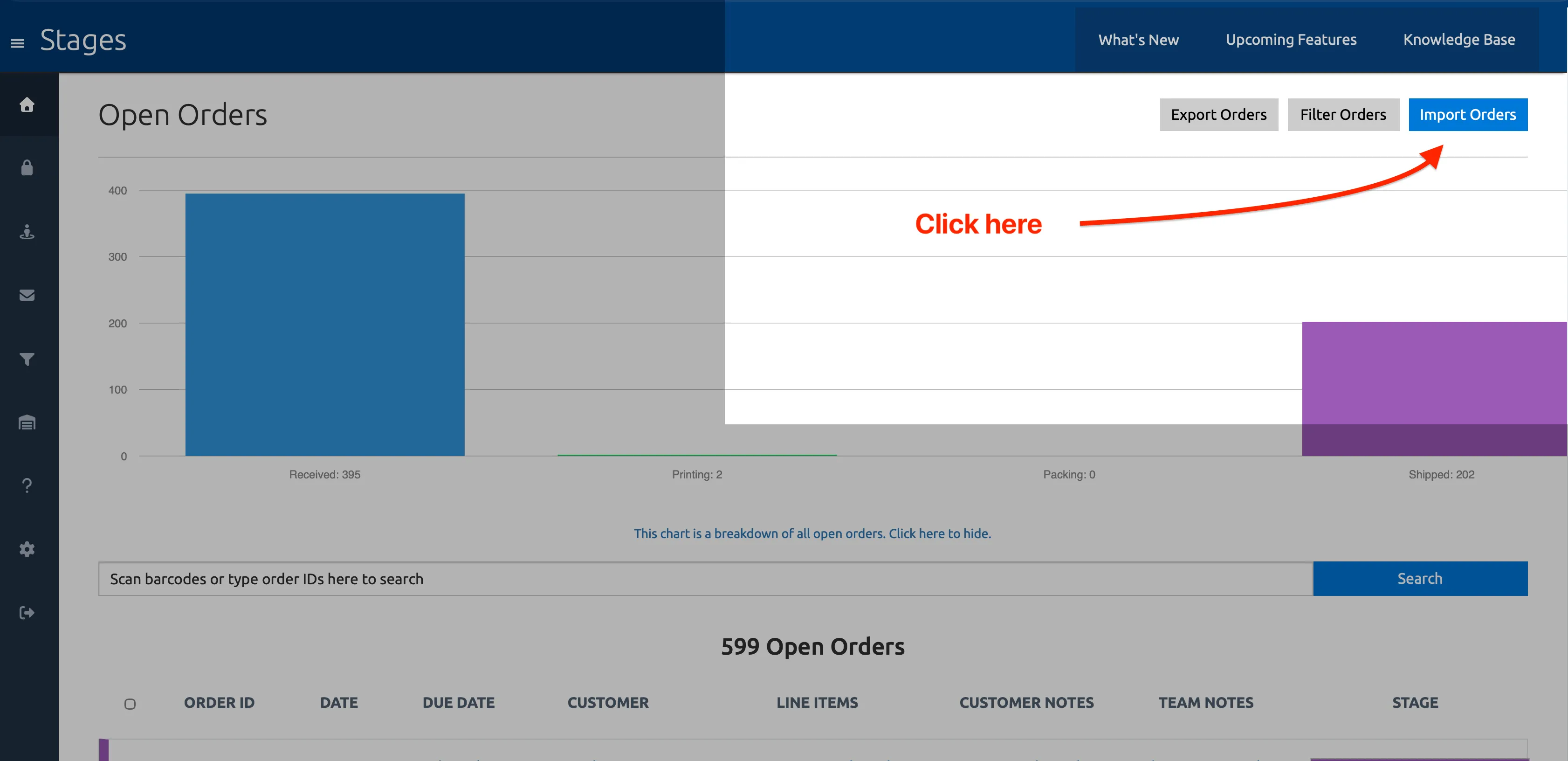 Orders dashboard with an arrow pointing to the Import Orders button