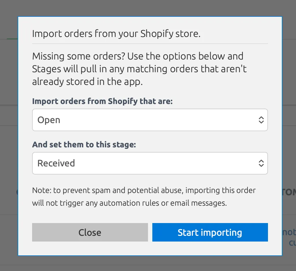 Import dialog showing order source and destination stage options