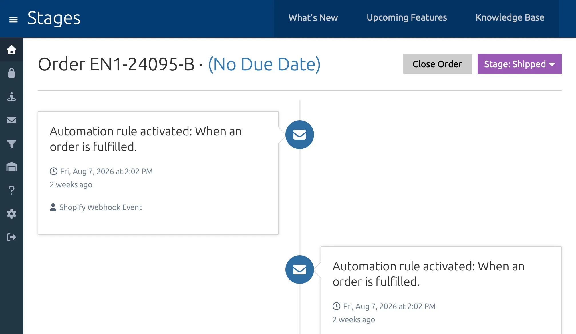 Event timeline showing automation triggers and stage changes