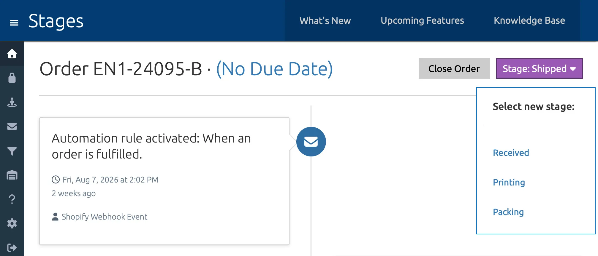 Stage dropdown showing available stages