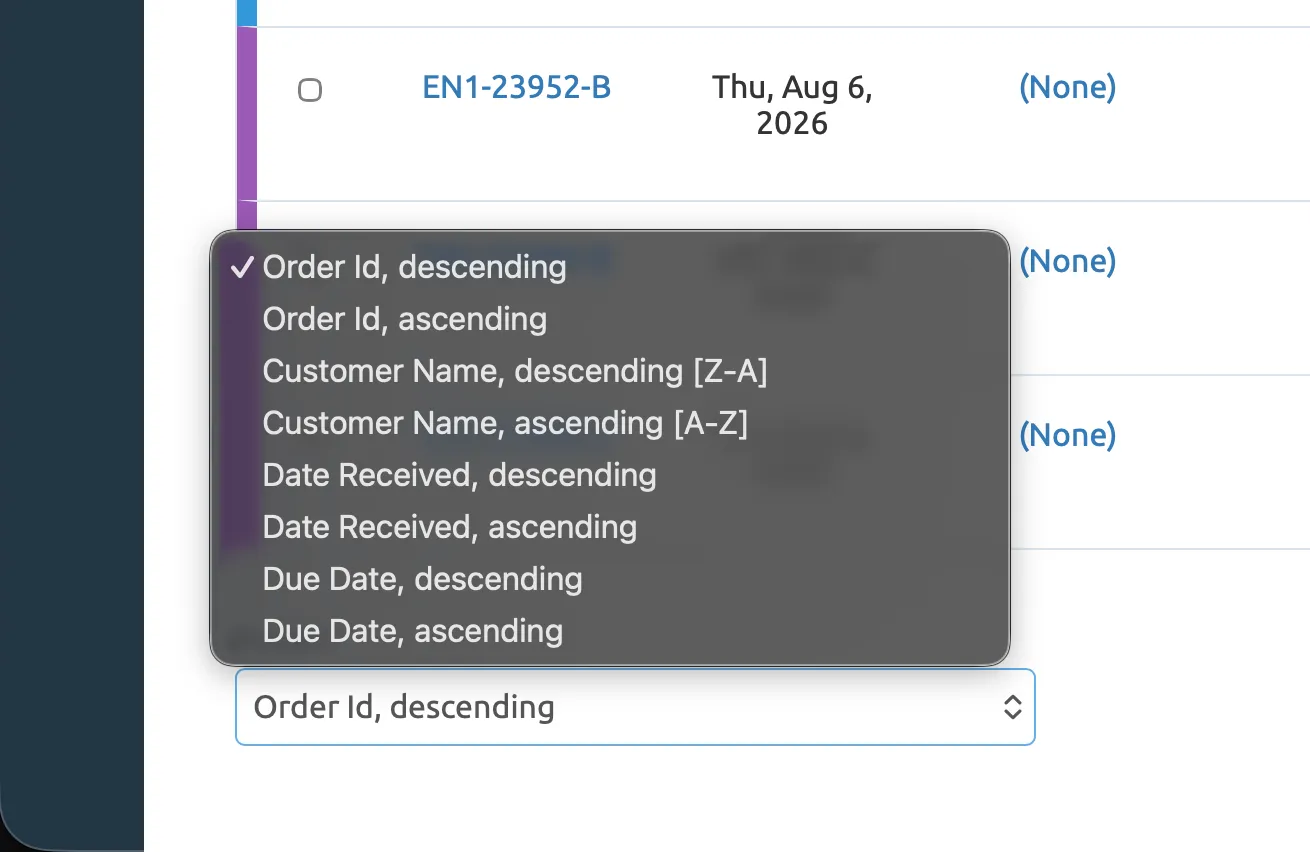 Sort options showing Order ID, Customer Name, Date Received, and Due Date