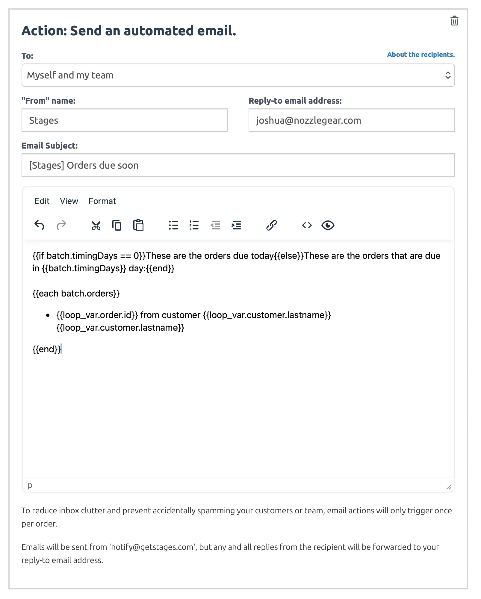 An email which sends a list of orders to the team