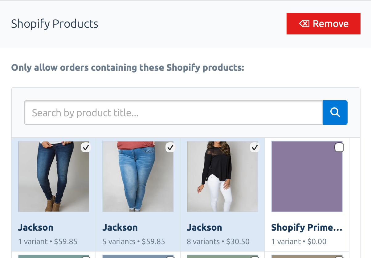A screenshot of Shopify products being selected as part of an Order Filter's criteria