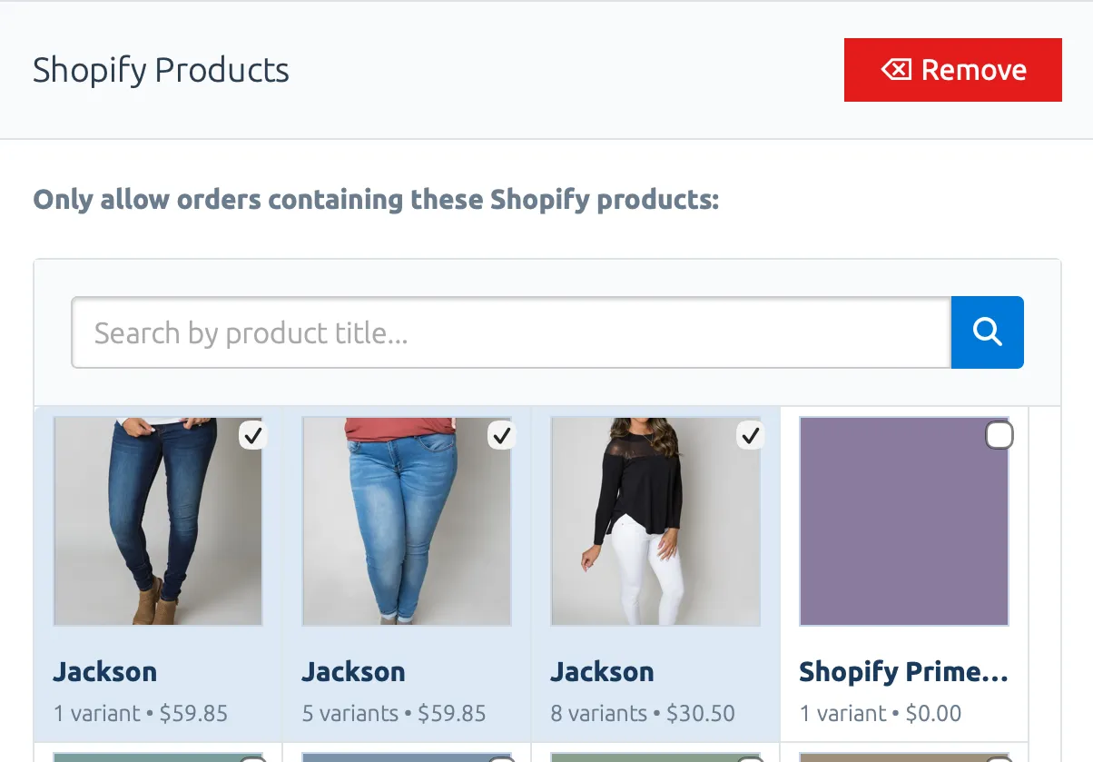A screenshot of Shopify products being selected as part of an Order Filter’s criteria